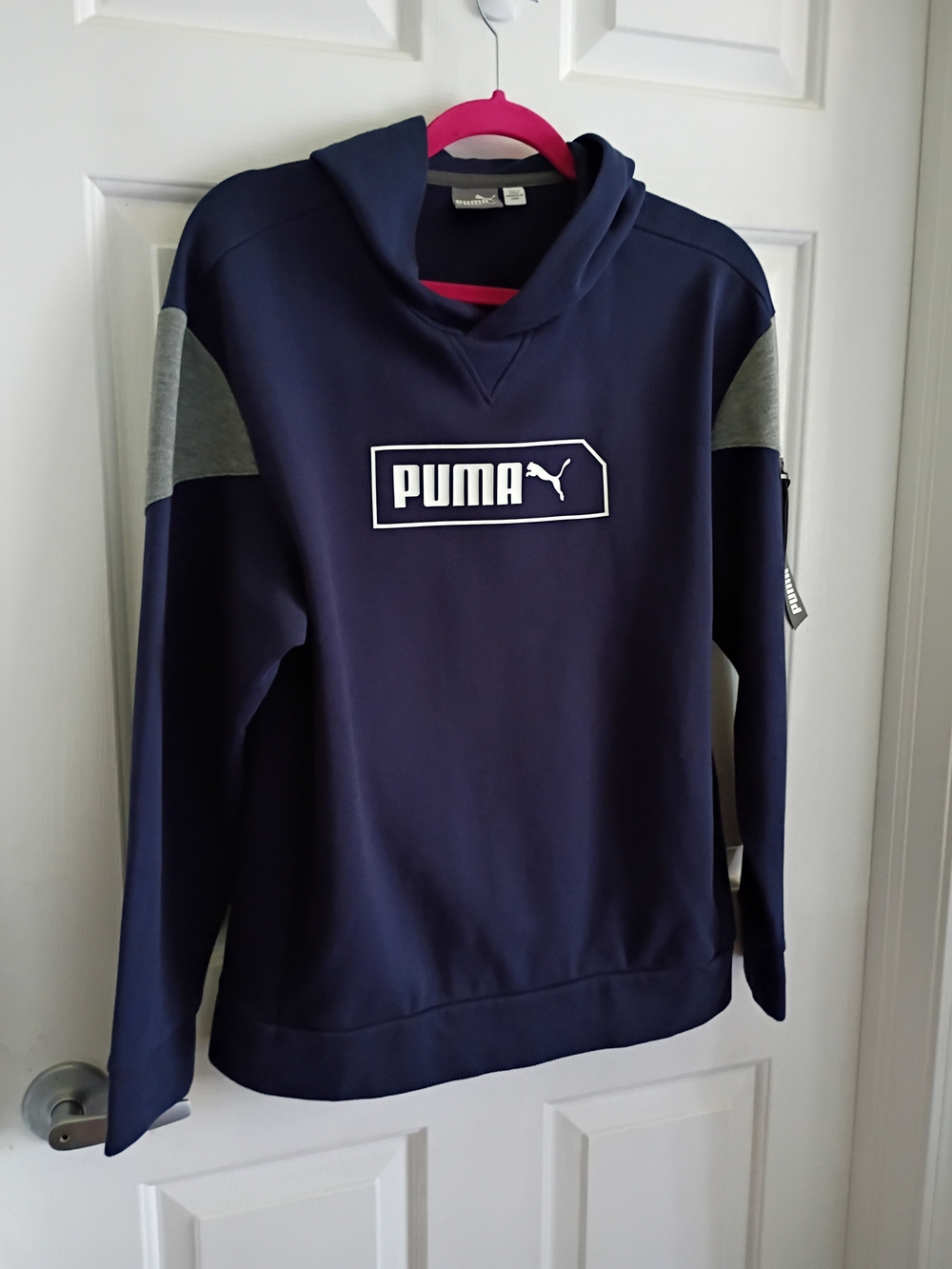 PUMA Men's Navy Hooded Sweatshirt with Grey Shoulder Panels